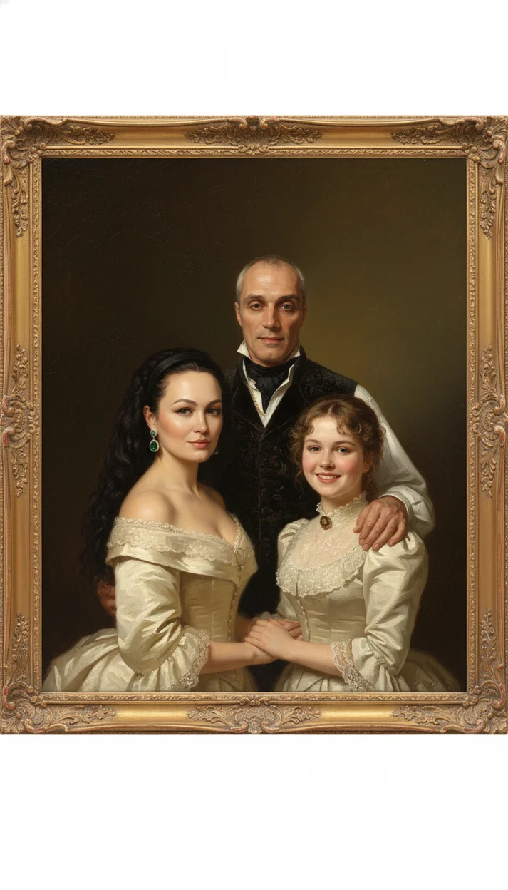  Классический семейный портрет в старинной раме в живописном стиле