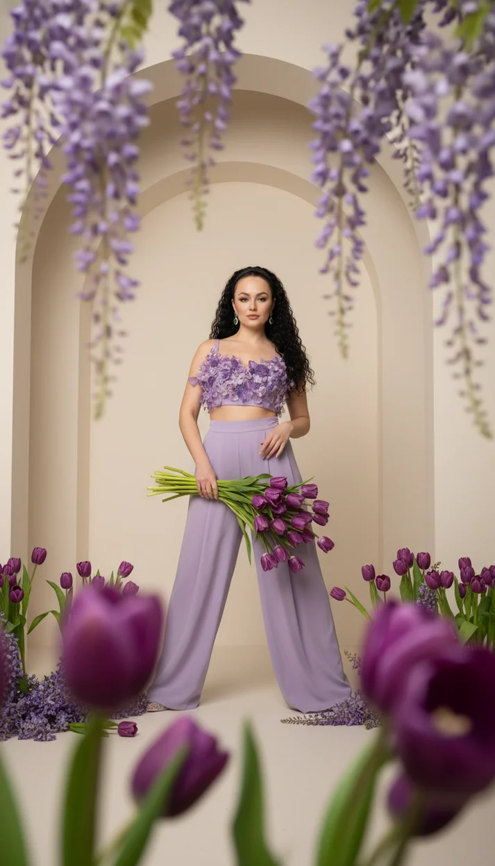  Модель с фиолетовыми тюльпанами в студии