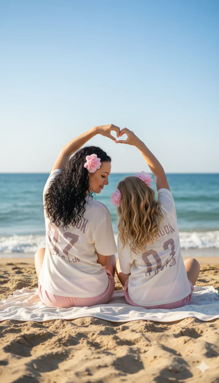 Мама с дочкой сидят на песке