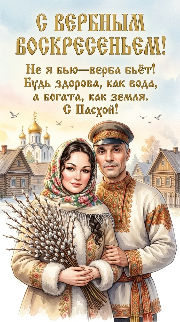 Открытка с Вербным воскресеньем в русском стиле с вашим фото 