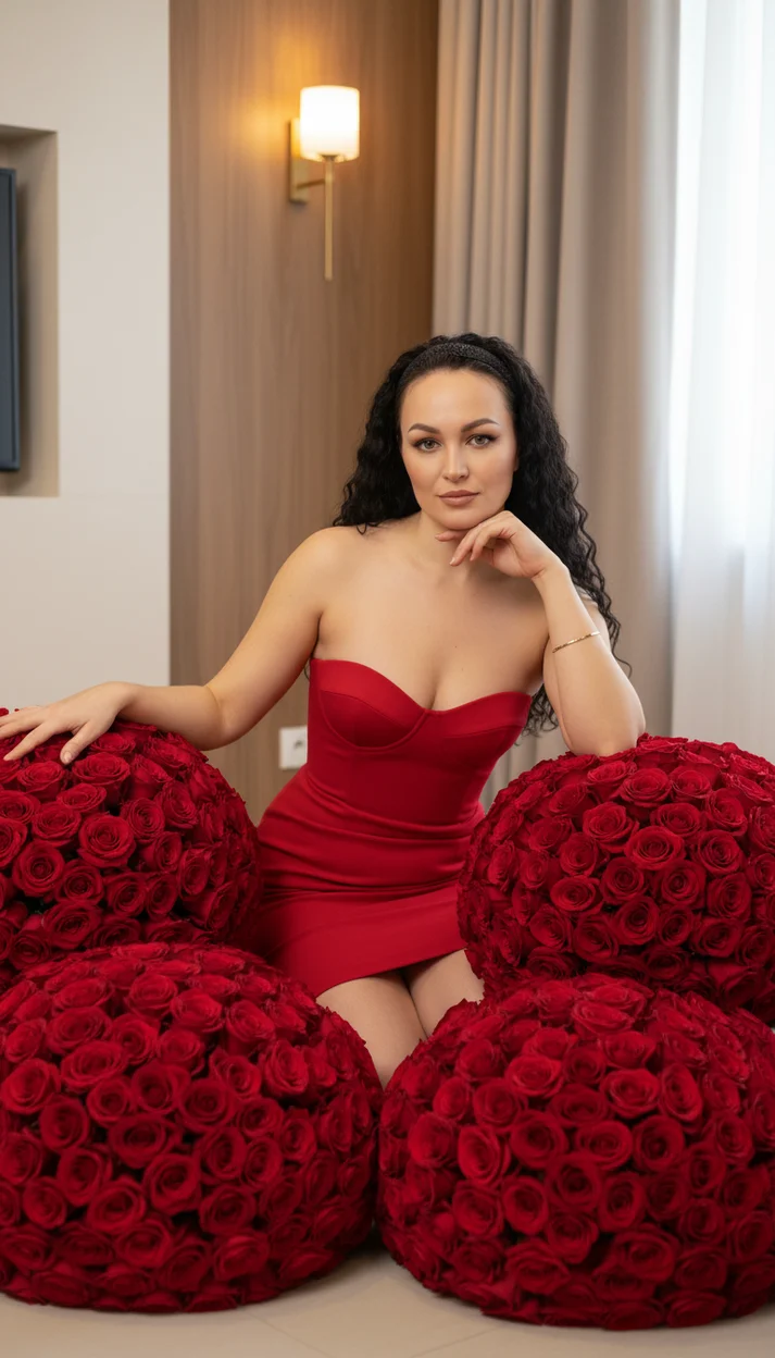Гламурная сцена с гигантскими букетами красных роз