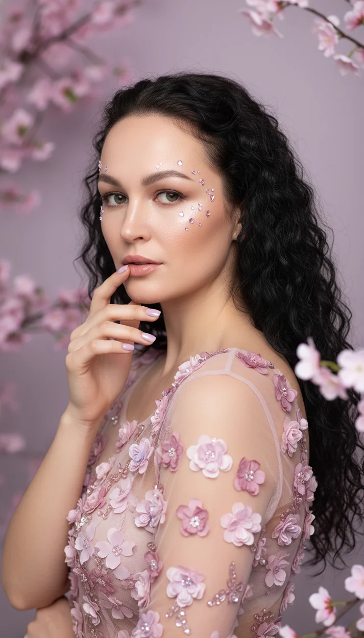 Нежная студийная фотосессия в сиренево-розовой эстетике