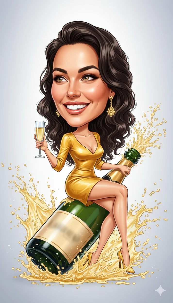 Гламурная женщина в ярком праздничном образе сидит верхом на большой бутылке шампанского