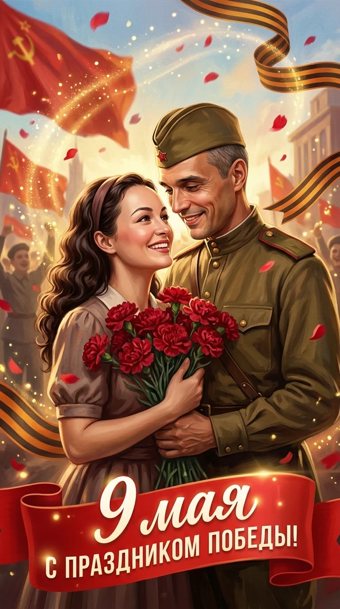 Открытка на 9 Мая мужчина и женщина 