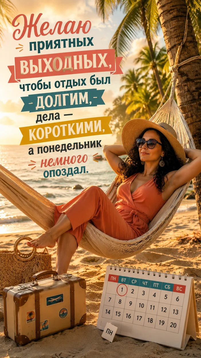 Фотооткрытка для неё с пожеланием "Желаю приятных выходных, чтобы отдых был долгим, дела — короткими, а понедельник немного опоздал."