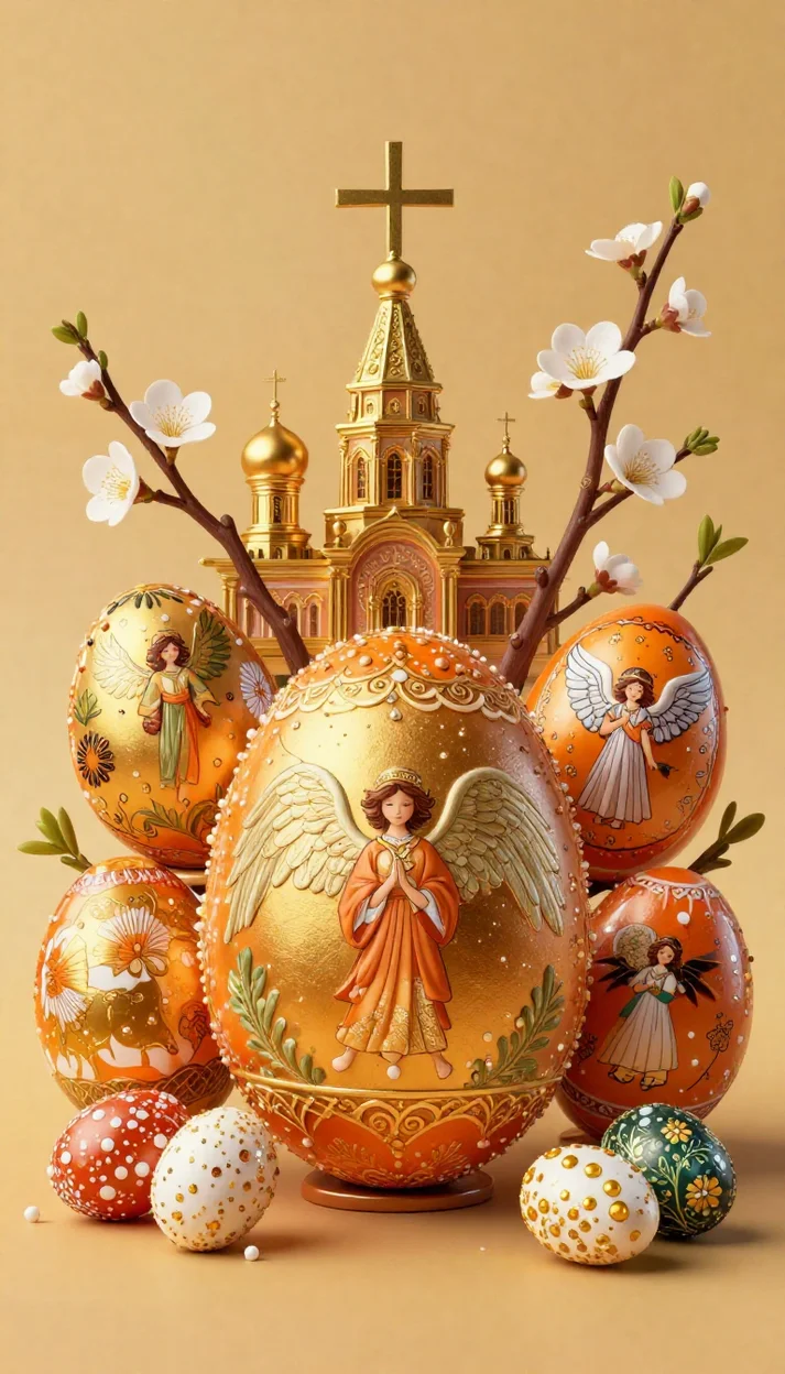 Пасхальные яйца с росписью и цветущими ветками