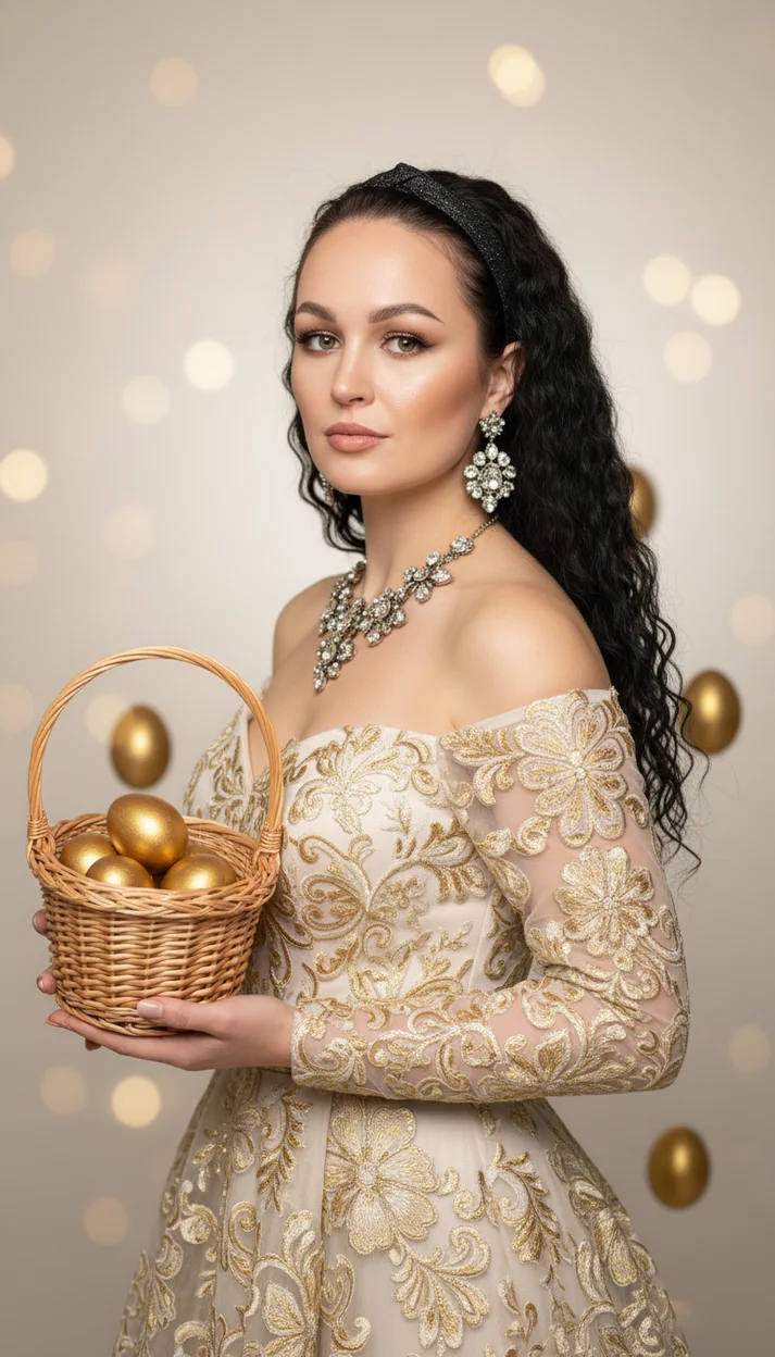  Женщина в светлом платье с золотой вышивкой держит корзину золотых яиц в студийной пасхальной сцене
