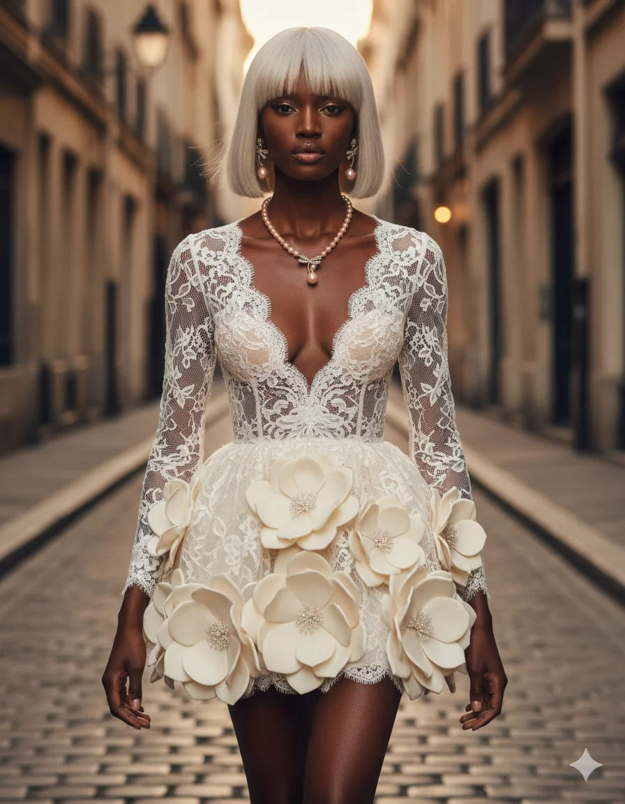 Сцена для продаж - Украшения на шею:Афро-модель идёт по узкой улице 