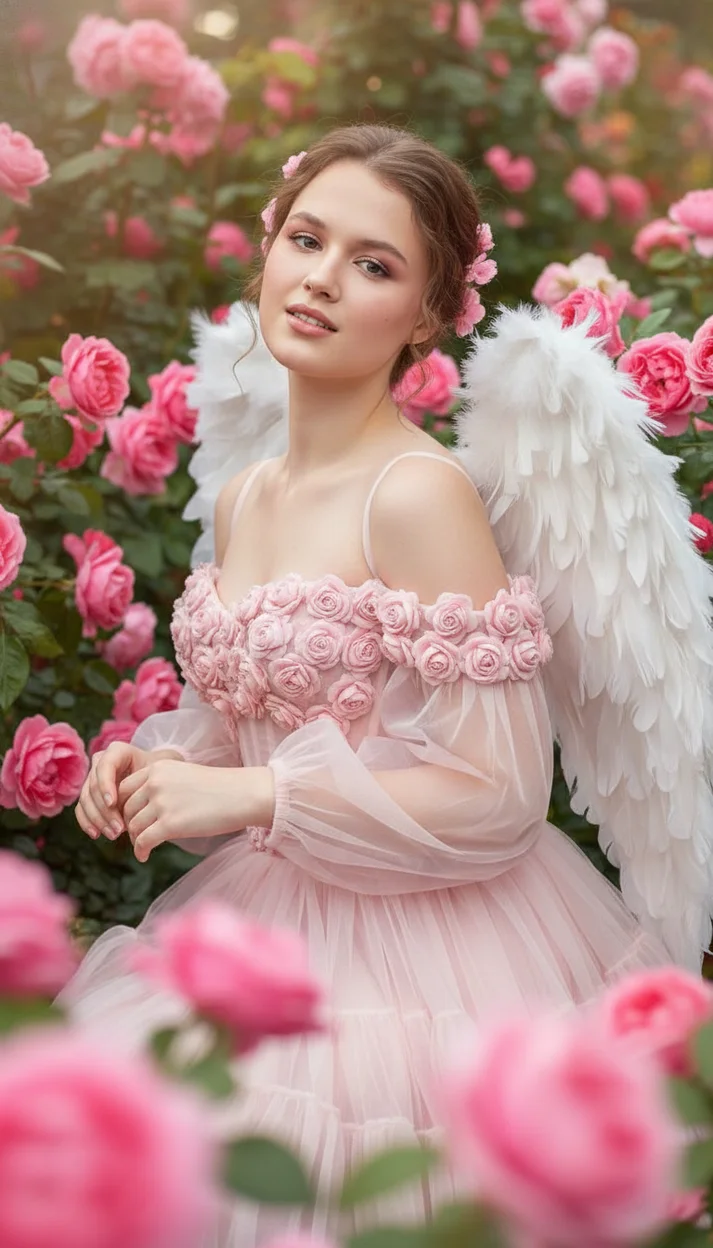 Девушка с крыльями среди роз в нежном платье полуоборот взгляд в камеру мягкий свет
