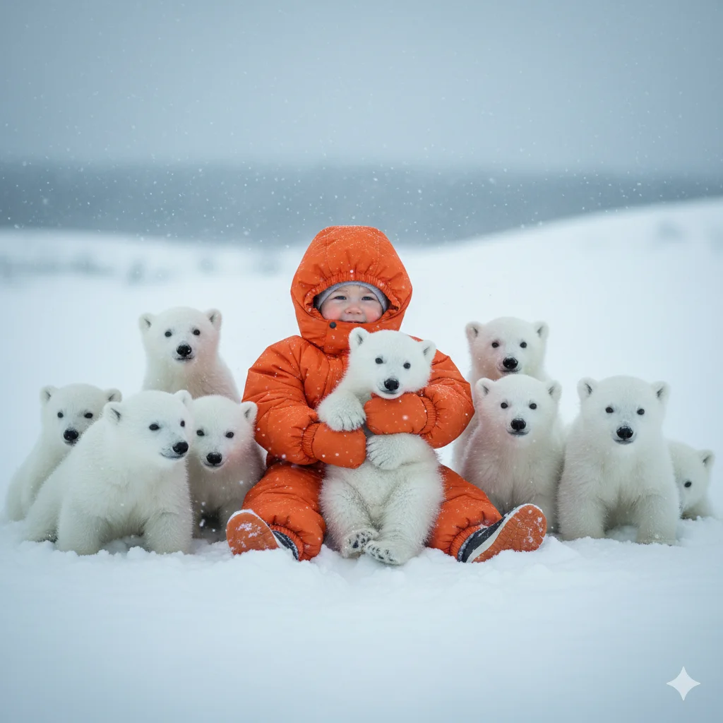 Малыш в оранжевом комбинезоне среди белых медвежат на снегу