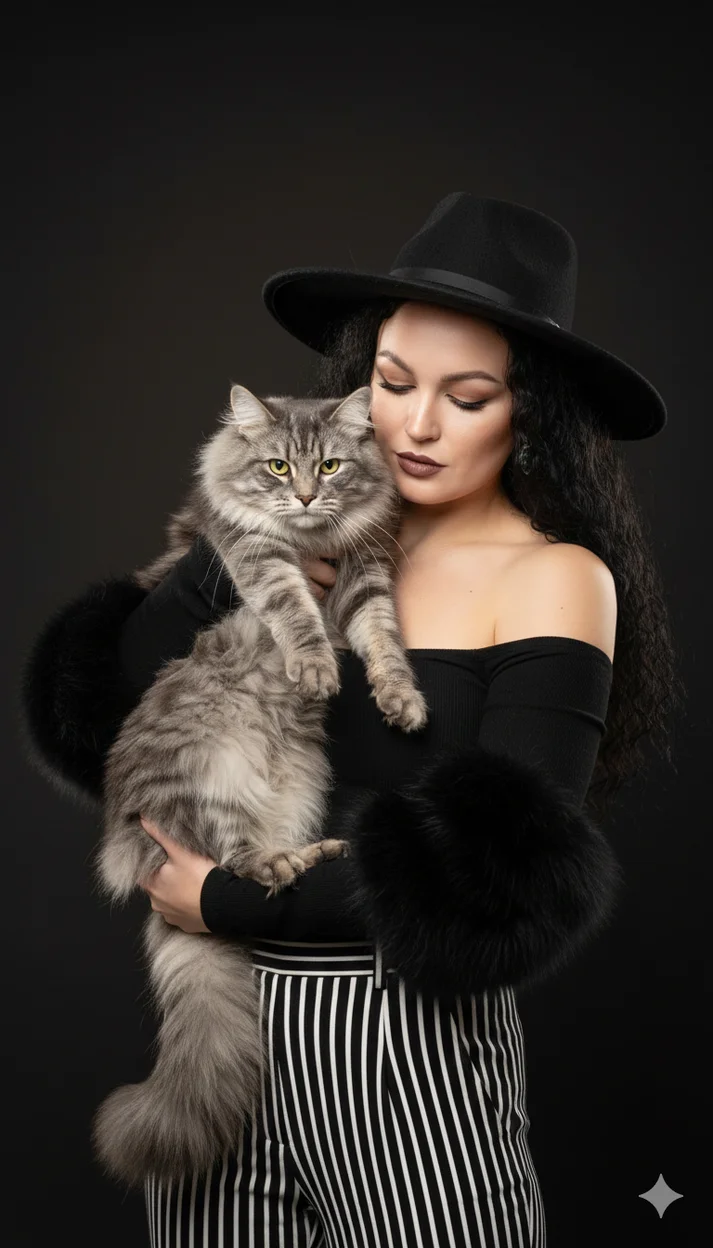 Девушка в чёрной шляпе и полосатых брюках держит пушистого кота