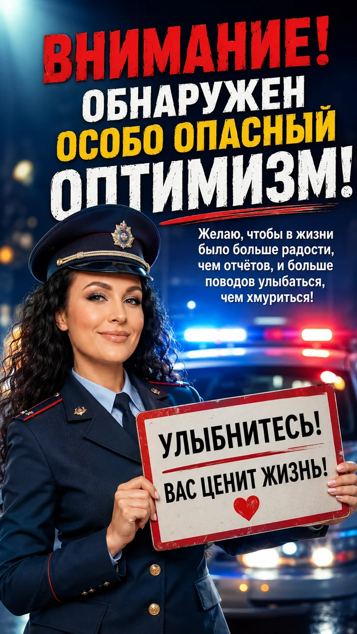 Фотооткрытка универсальная с пожеланием "ВНИМАНИЕ! ОБНАРУЖЕН ОСОБО ОПАСНЫЙ ОПТИМИЗМ!"