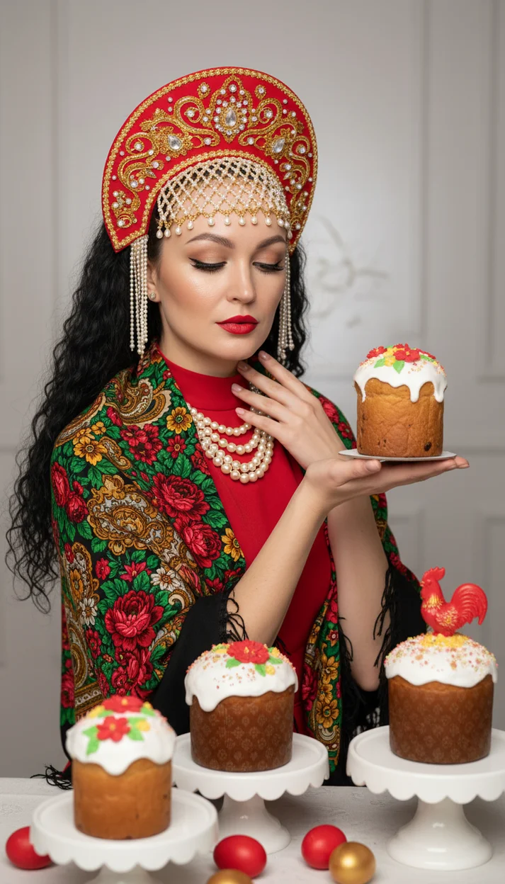 Женщина в красном кокошнике и русском платке держит пасхальный кулич
