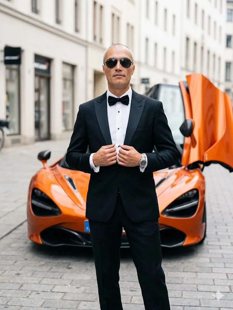 Мужчина в смокинге у оранжевого автомобиля с поднятой дверью на улице