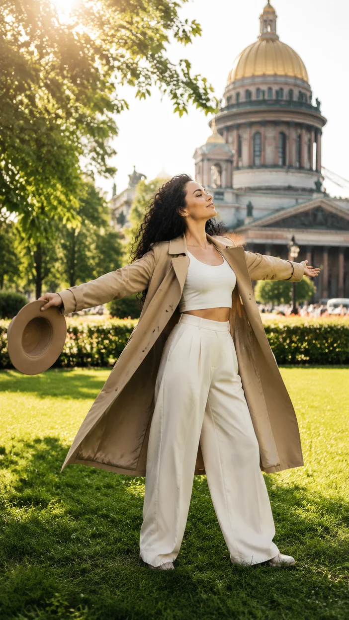 Фотосессия девушки в плаще у Исаакиевского собора