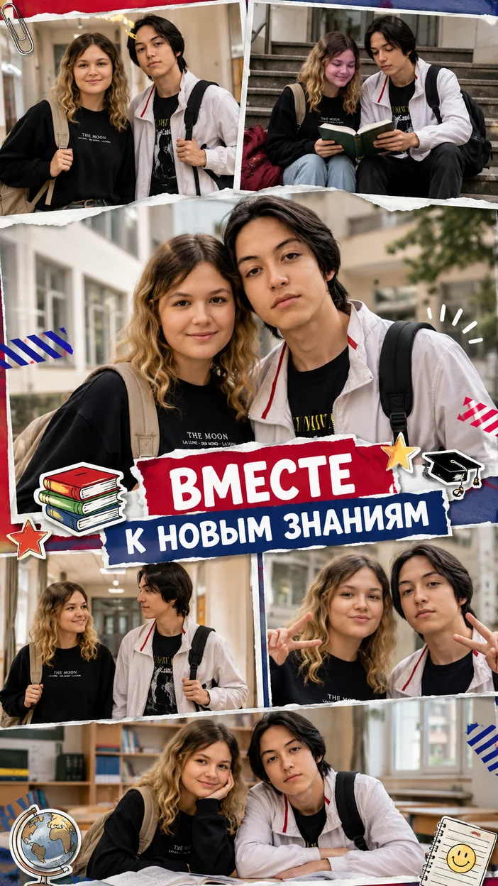 Фотосессия яркого школьного коллажа с парнем и девушкой