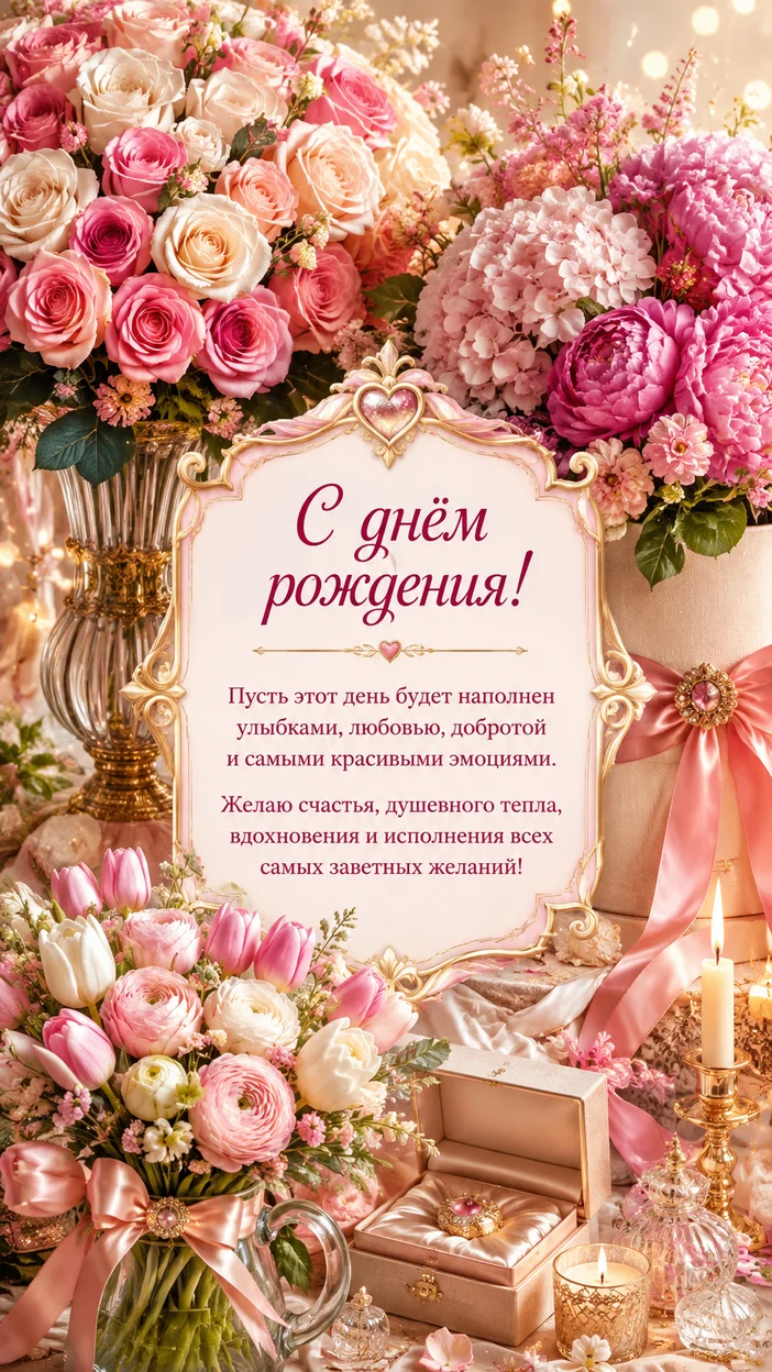 Фотооткрытка с поздравлением «С днём рождения!» (витрина с несколькими букетами)