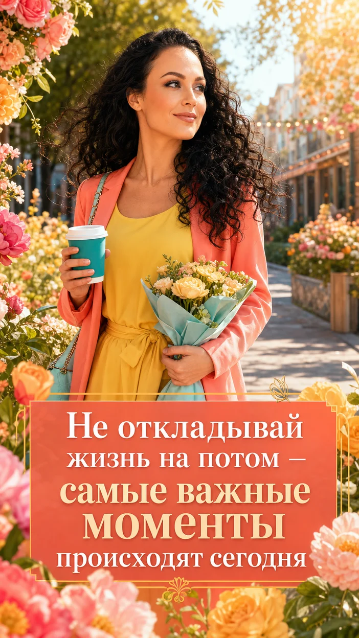 Фотооткрытка для всех с пожеланием "Не откладывай жизнь на потом — самые важные моменты происходят сегодня"
