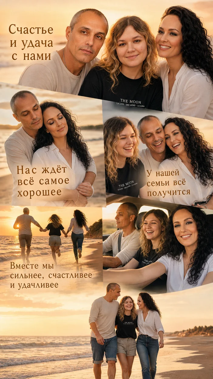 Фотооткрытка для семьи с текстом "Вместе мы сильнее, счастливее и удачливее"