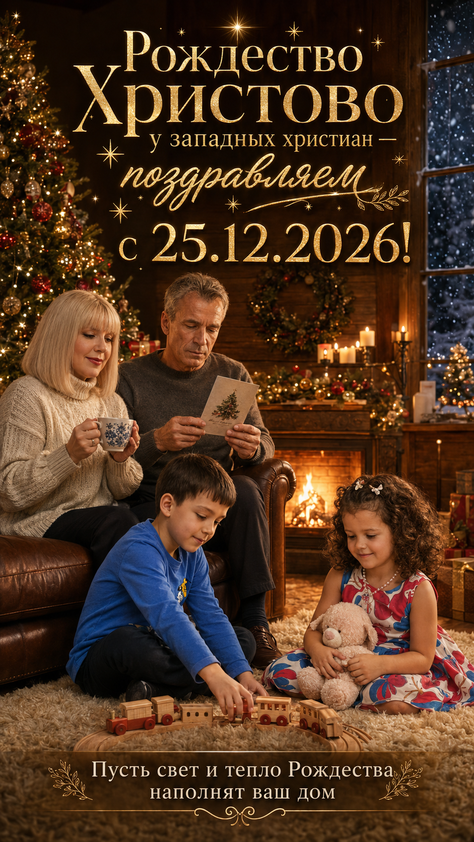 Рождество Христово у западных христиан — 25.12.2026 — семейная тёплая фотосессия у камина