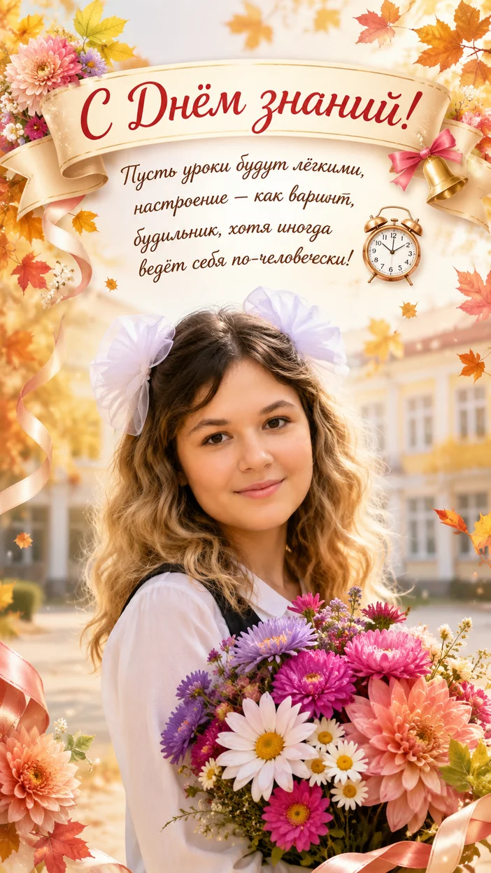 Фотооткрытка с букетом астр на школьном дворе
