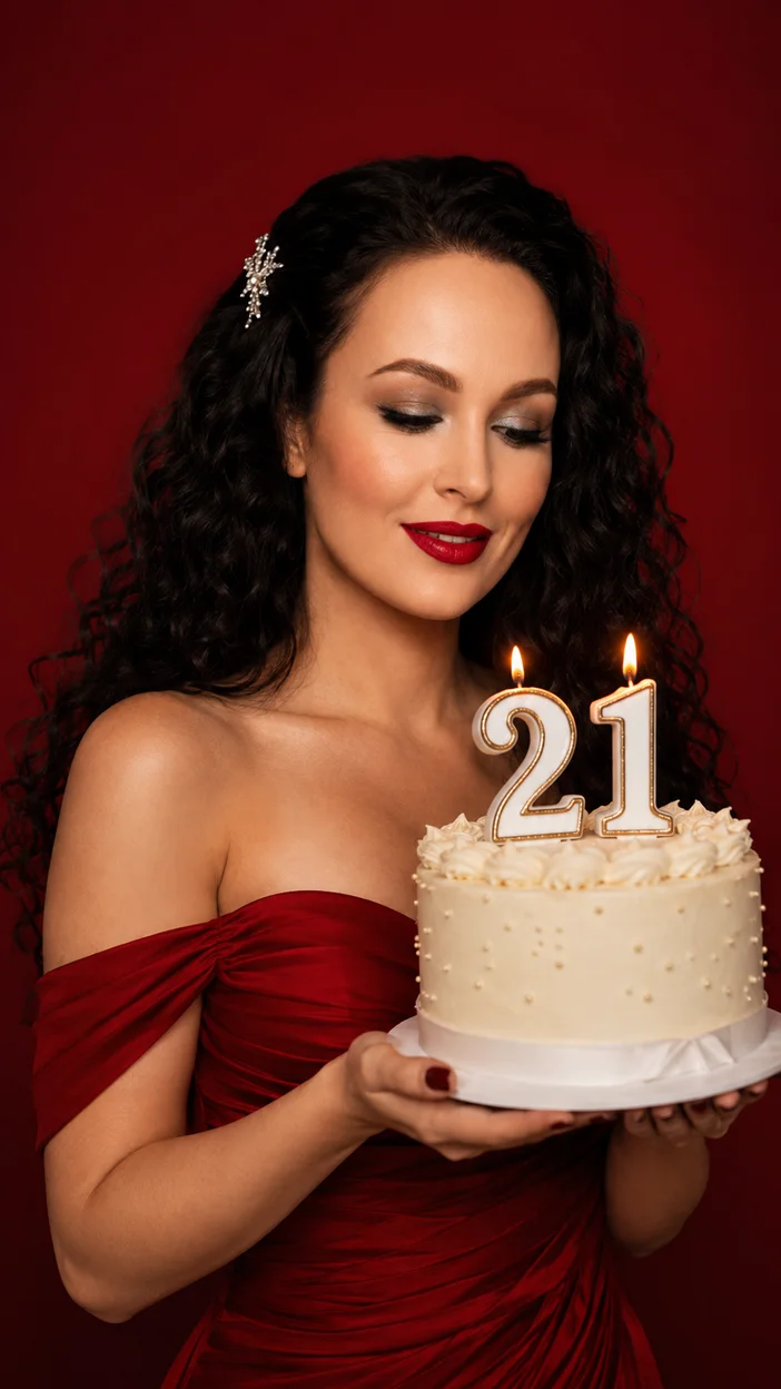 Фотосессия девушки в красном платье с тортом 21 на красном фоне