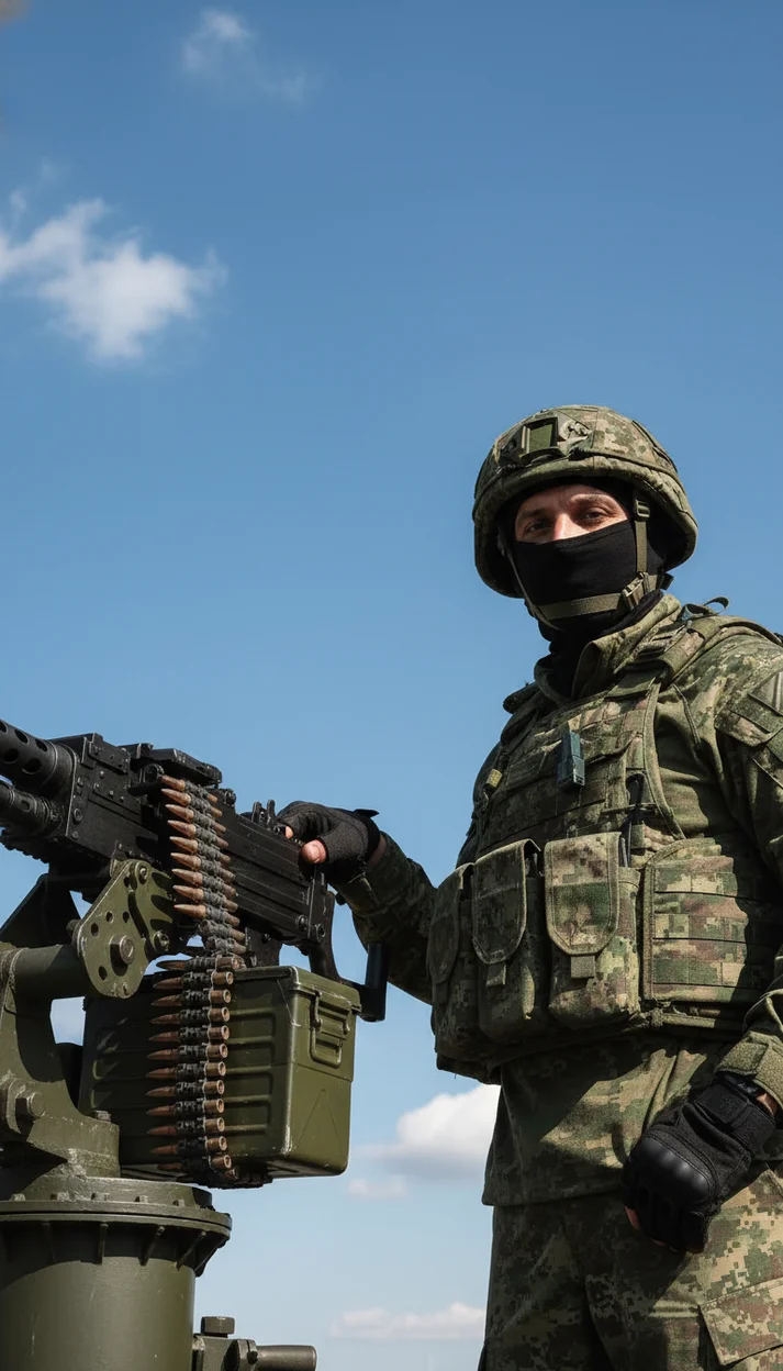 Военный СВО  с пулемётом, частично открытое лицо