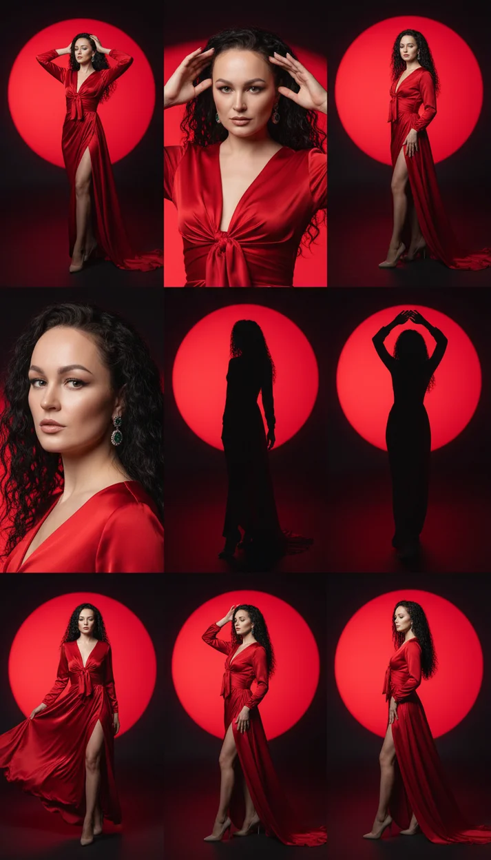 Коллаж  Scarlet spotlight — драматическая fashion-съёмка 