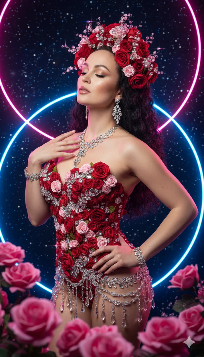 Девушка в цветочном кристальном образе на космическом фоне