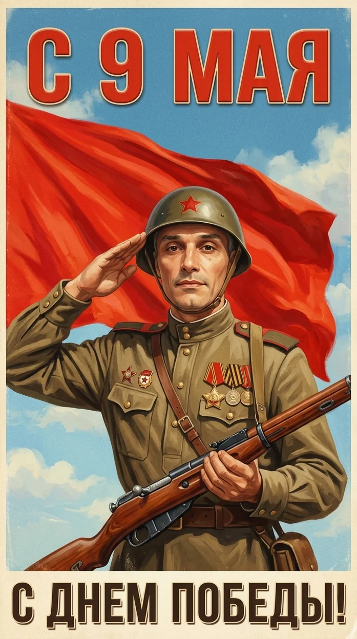 Ретро открытка Победы с солдатом, красным знаменем и поздравительным текстом