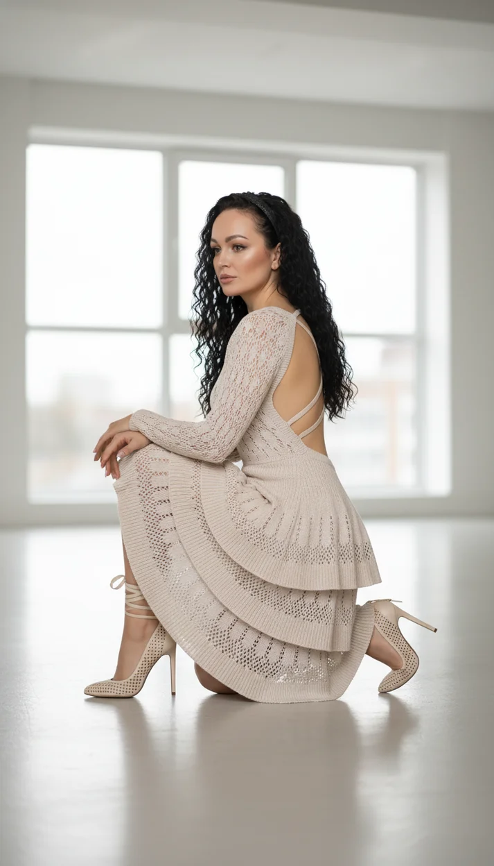  Девушка в интерьере в вязаном платье на одном колене 