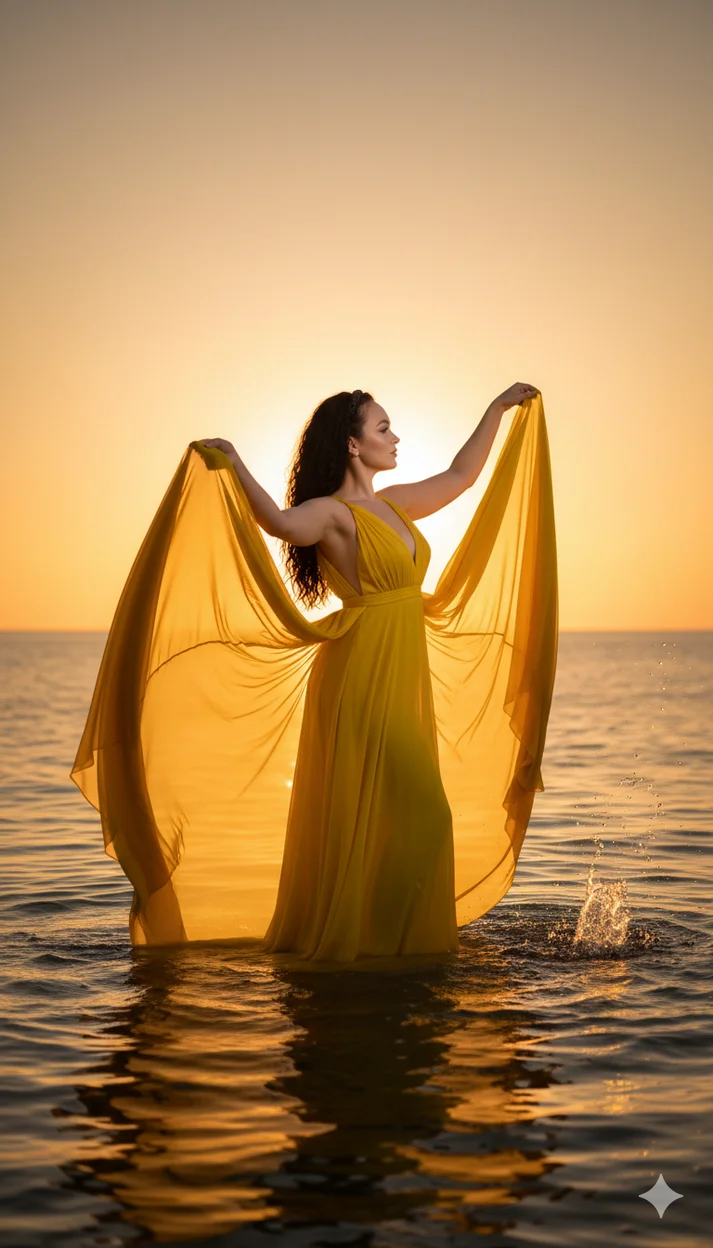 Девушка в светящемся жёлтом платье в воде на закате