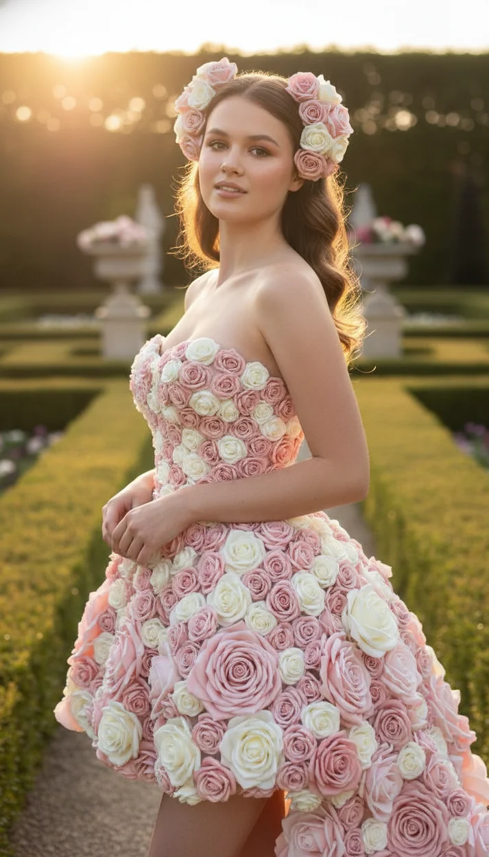 Девушка в саду в платье из роз в полуобороте руки сложены мягкий закатный свет