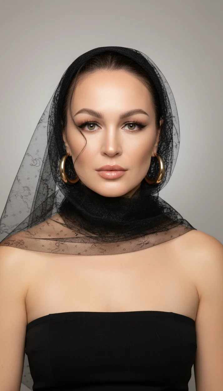 Студийный бьюти-портрет женщины в чёрной кружевной вуали