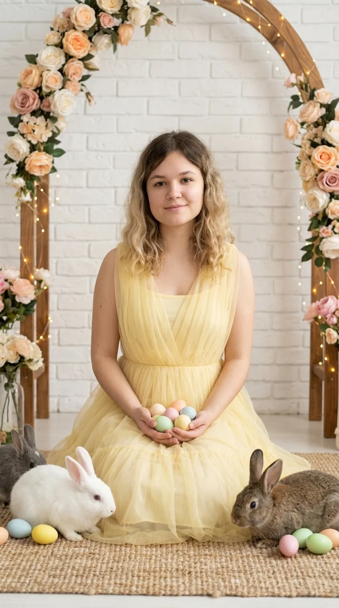 Девочка с кроликами и пасхальными яйцами