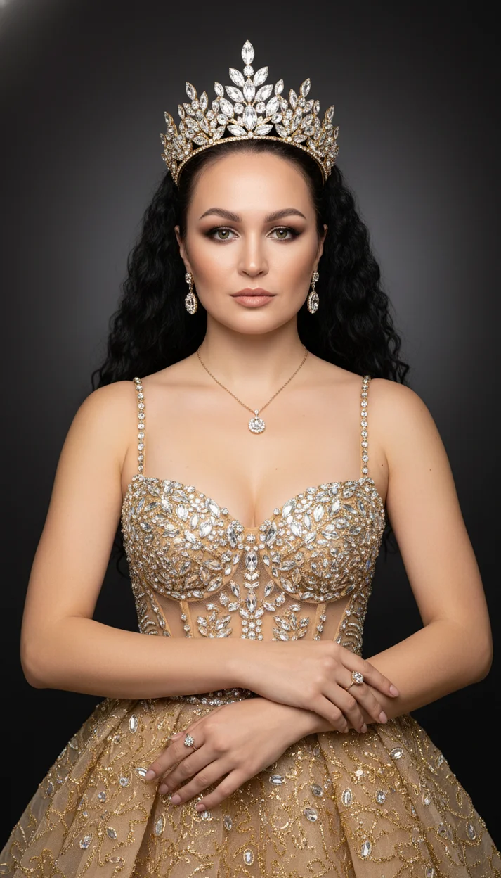 Девушка в студии в золотом платье с короной