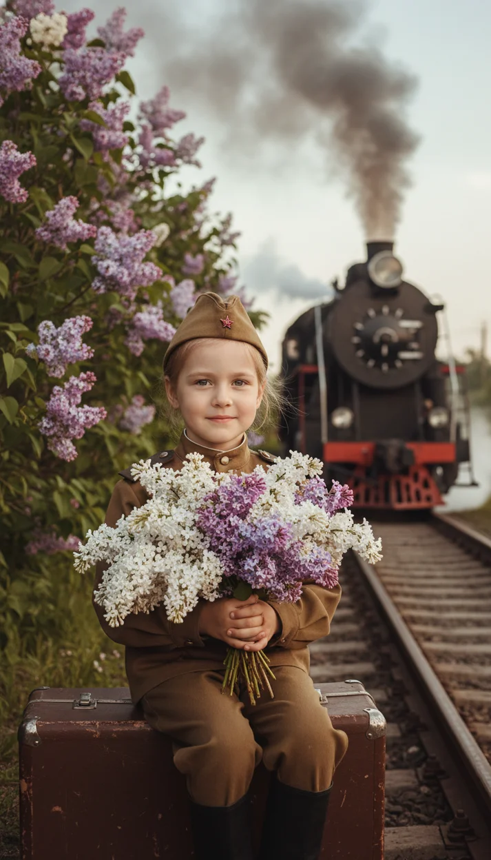 Ребёнок в военной форме с букетом сирени на чемодане у поезда фото ии 