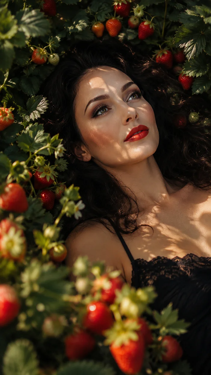 Фотосессия девушки среди клубничной листвы