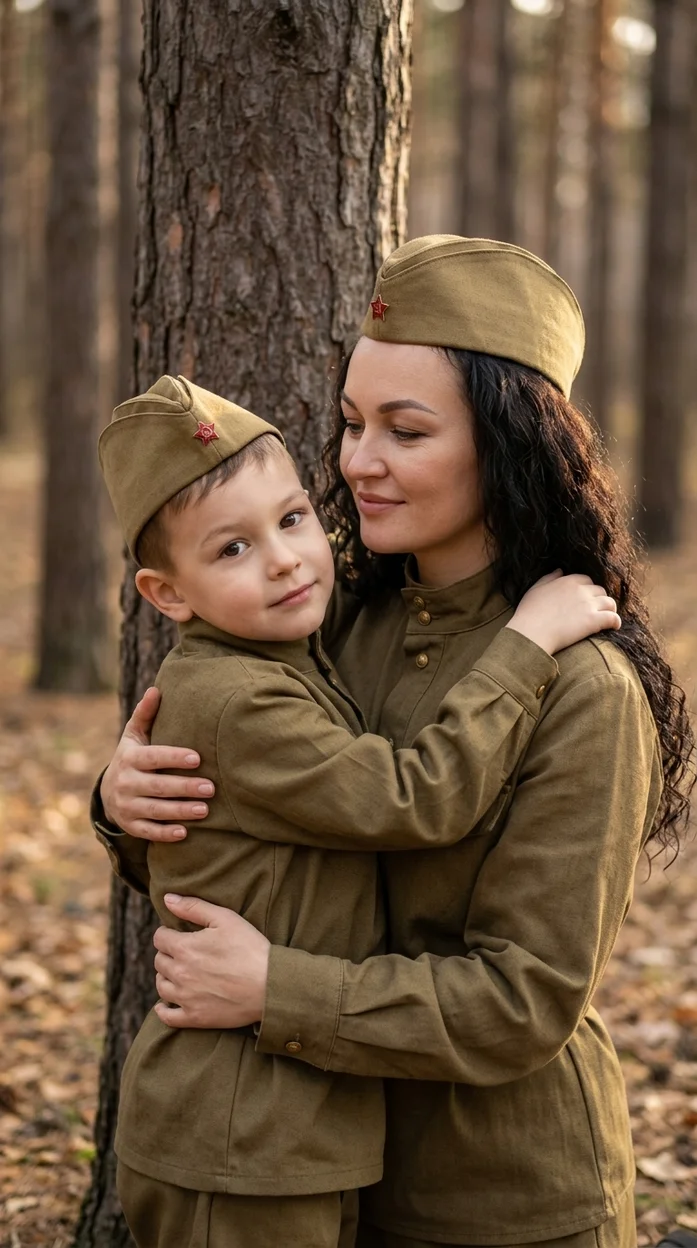 ИИ-фотосессия — Женщина с ребёнком в военной форме в лесу