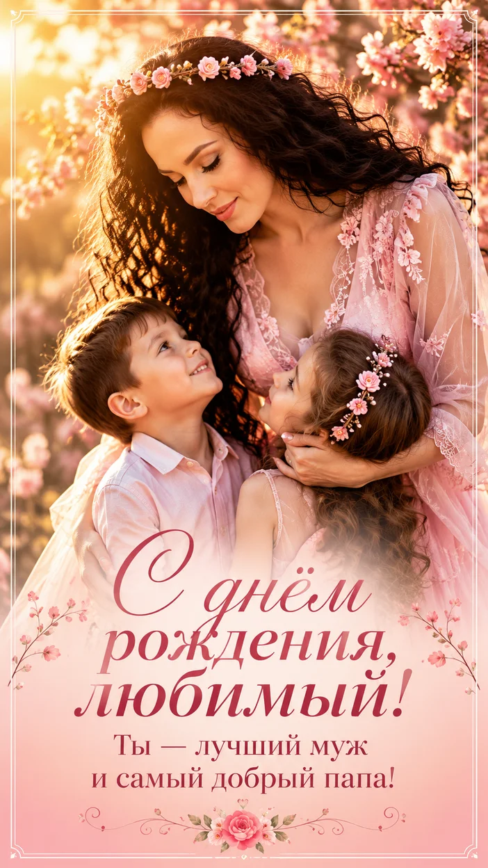 Фотосессия женщина с детьми среди цветущих ветвей в розово-золотой сказке — поздравление мужу