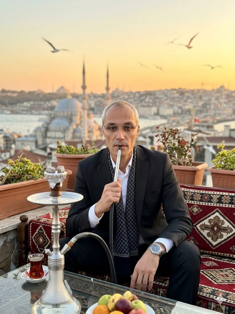 Мужчина в чёрном костюме на террасе с кальяном и видом на горож