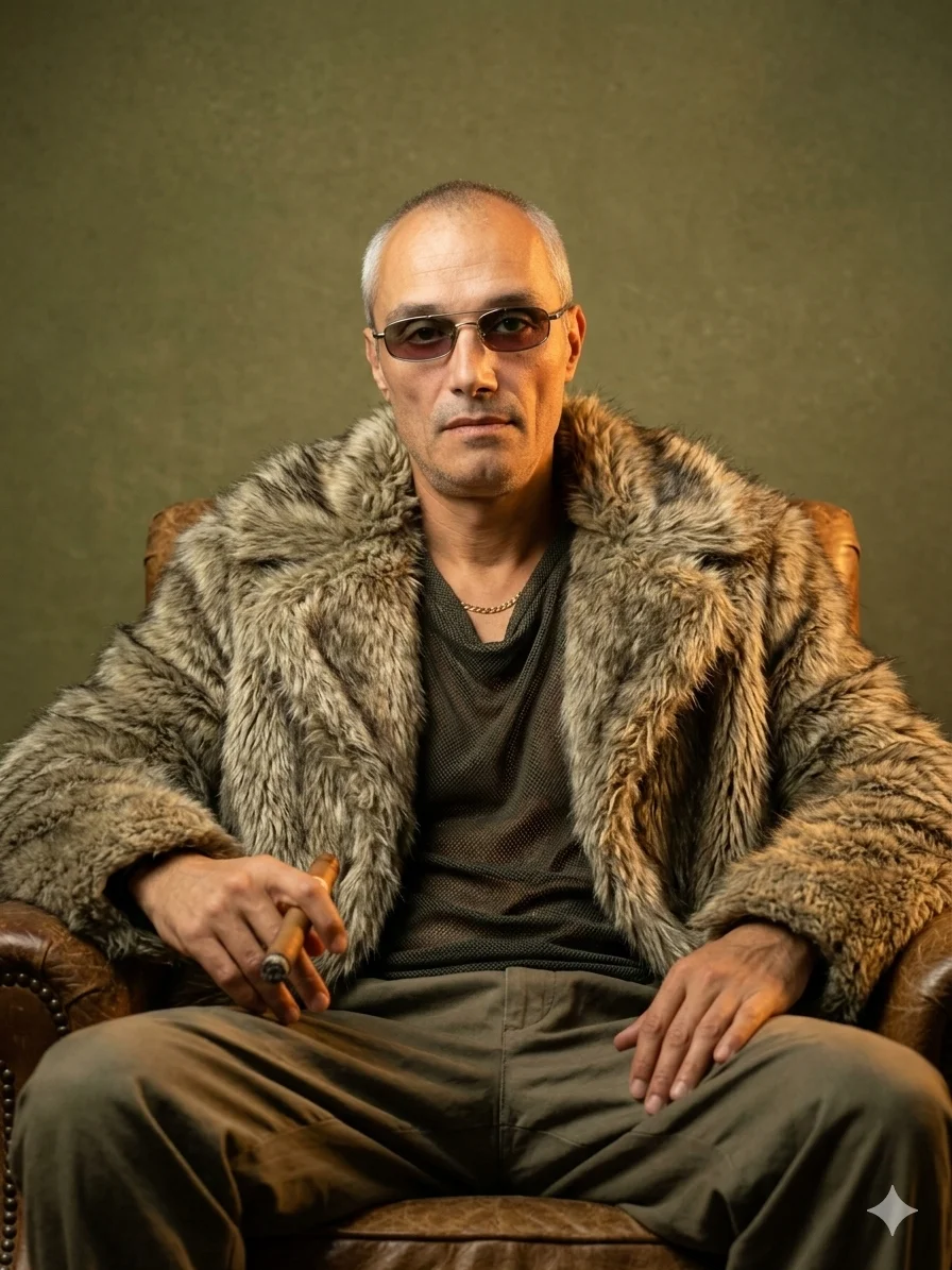 Мужчина в меховом пальто и очках сидит в кресле с сигарой в руке