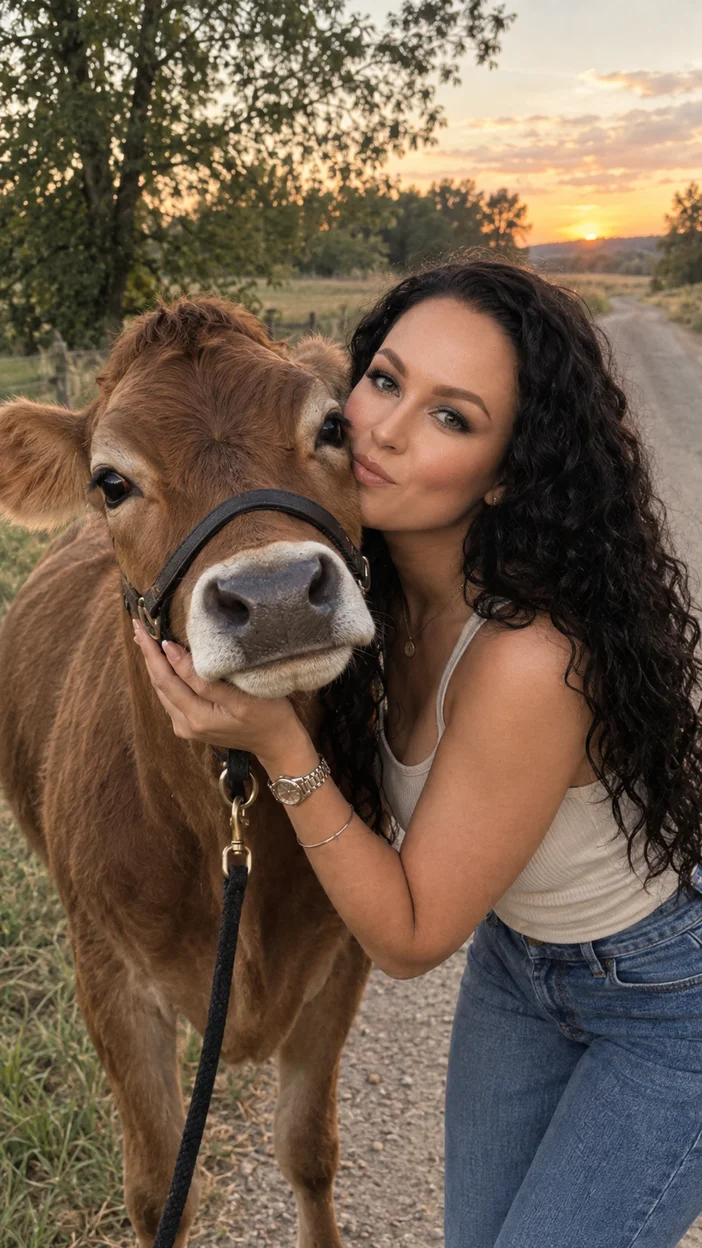 Фотосессия у деревенской дороги: поцелуй в щеку маленькой коровы в светлом топе и джинсах