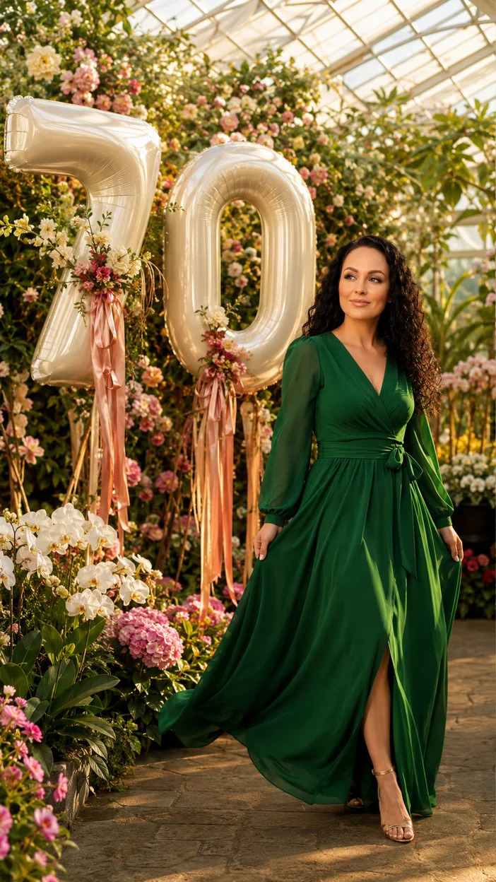 Фотосессия женщины 70 лет в зеленом платье в оранжерее