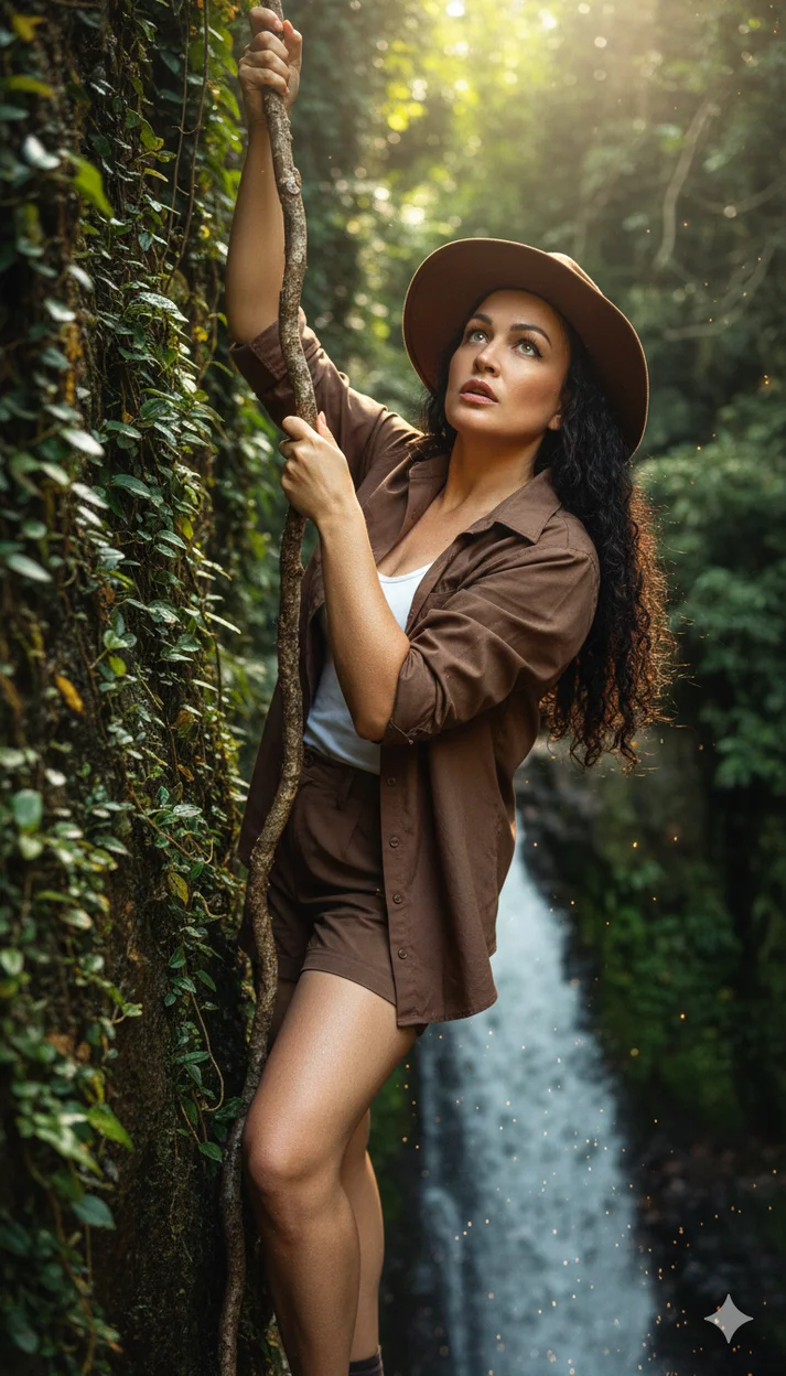 Девушка путешественница, карабкается по скале держась за лиану 