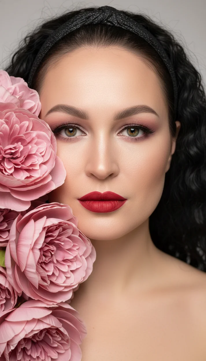  Женщина крупным планом с розовыми цветами у лица