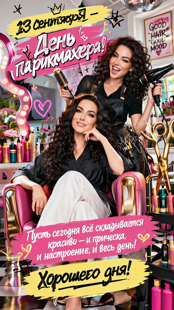 Фотосессия парикмахерский pop‑art салон 13 сентября — День парикмахера, девушка в кресле и парикмахер‑супергерой