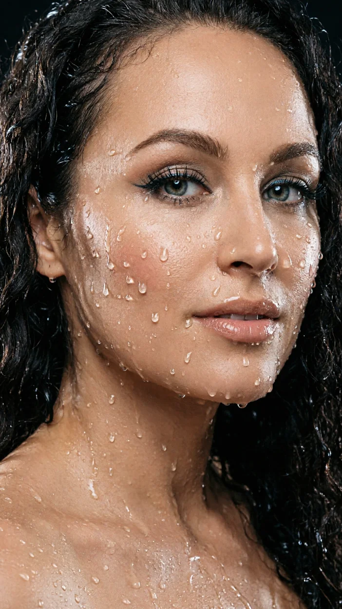 Фотосессия крупный арт‑фрагмент тела с каплями воды на тёмном фоне