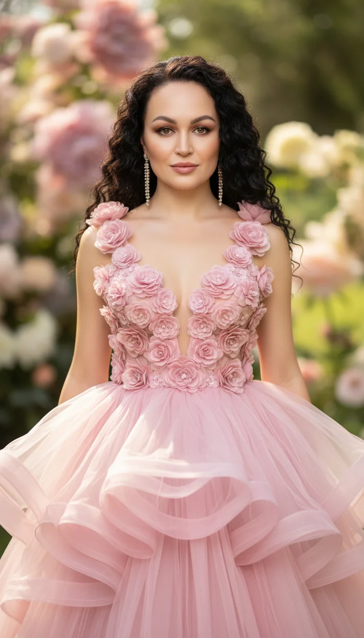 Девушка в саду в объёмном розовом платье