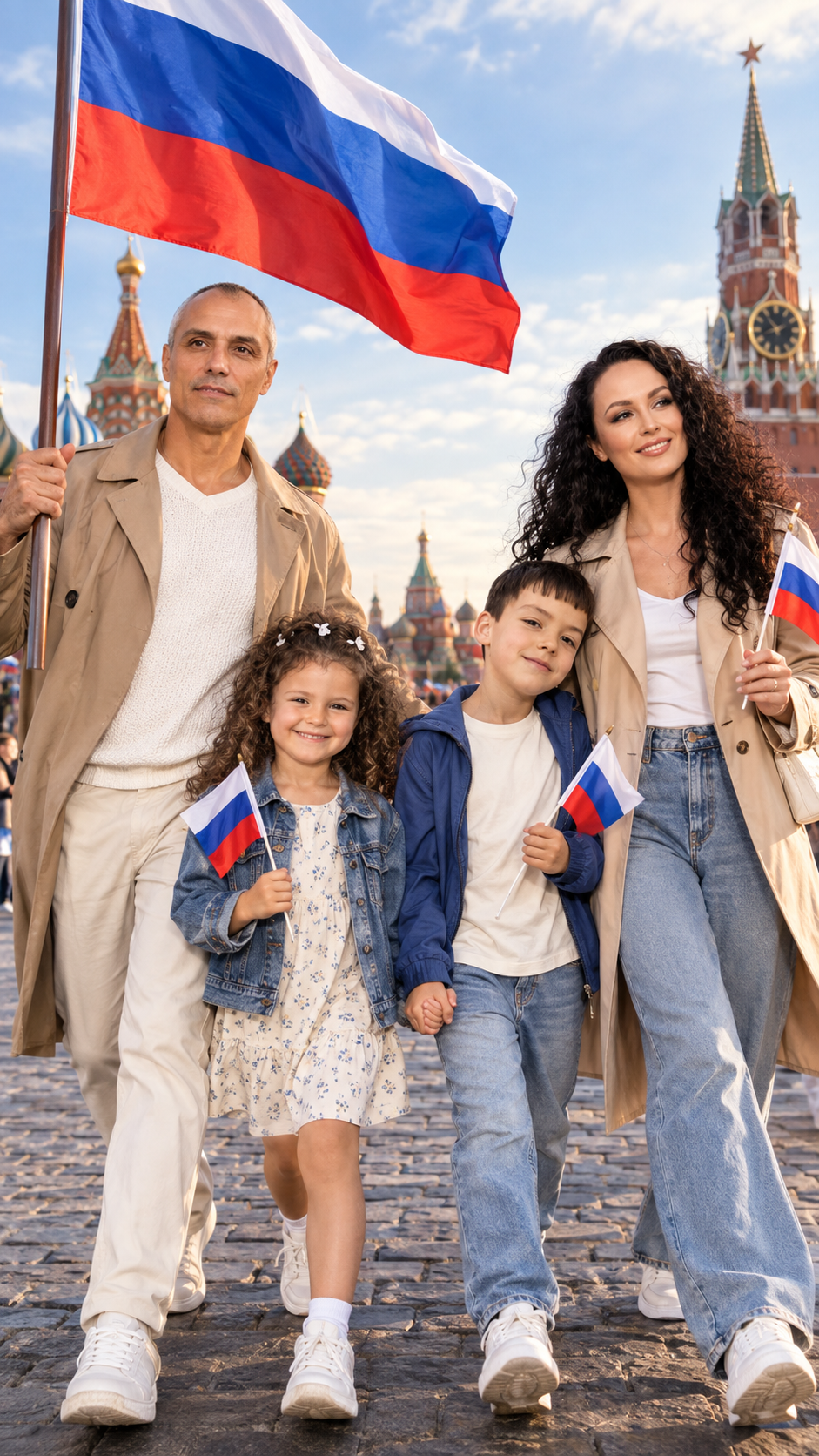 Фотосессия семейная прогулка по Красной площади с развевающимся большим российским флагом